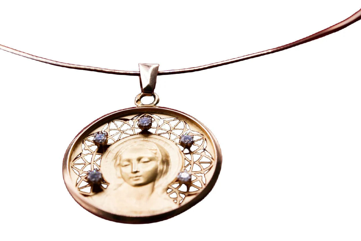 Large medal Virgin Mary yellow gold and diamonds