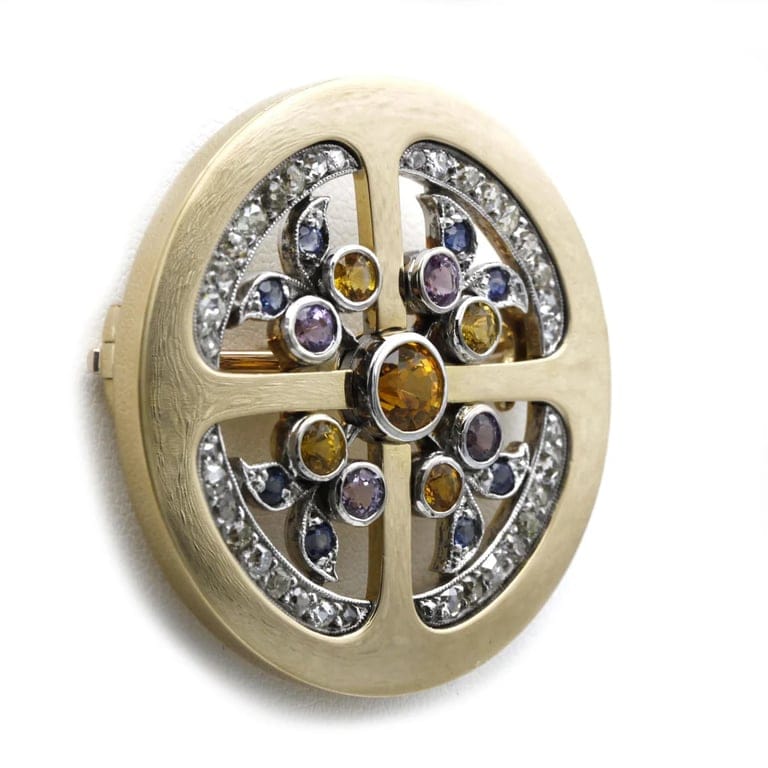 Yellow gold, sapphires & diamonds brooch - Image 3