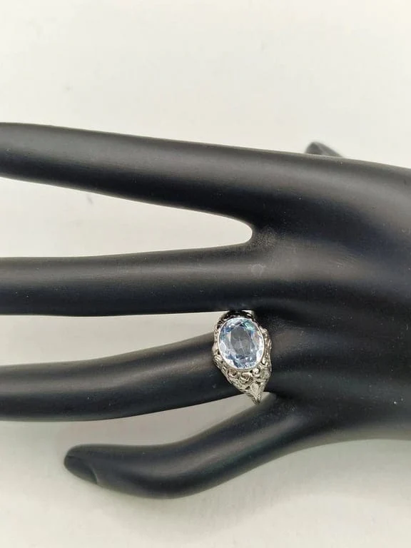 Antique ring in white gold and aquamarine  - Image 3
