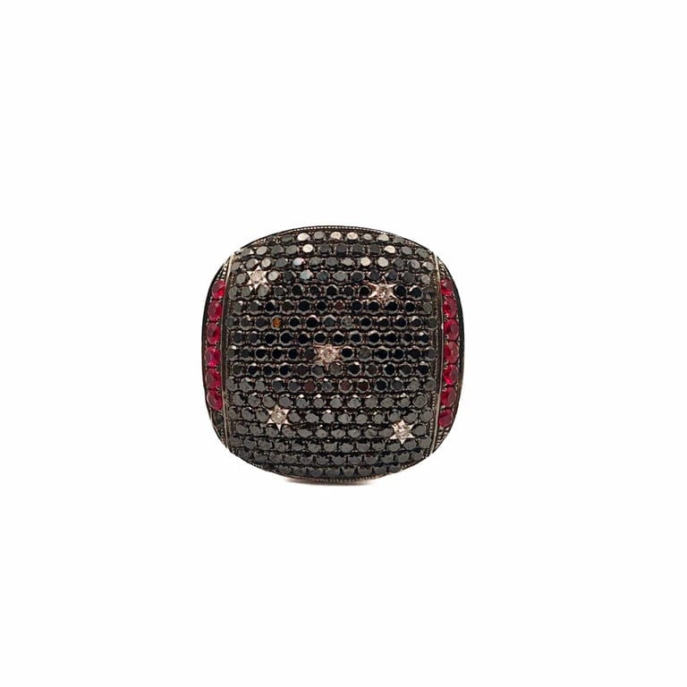Dress ring in white gold, black diamonds, and rubies 