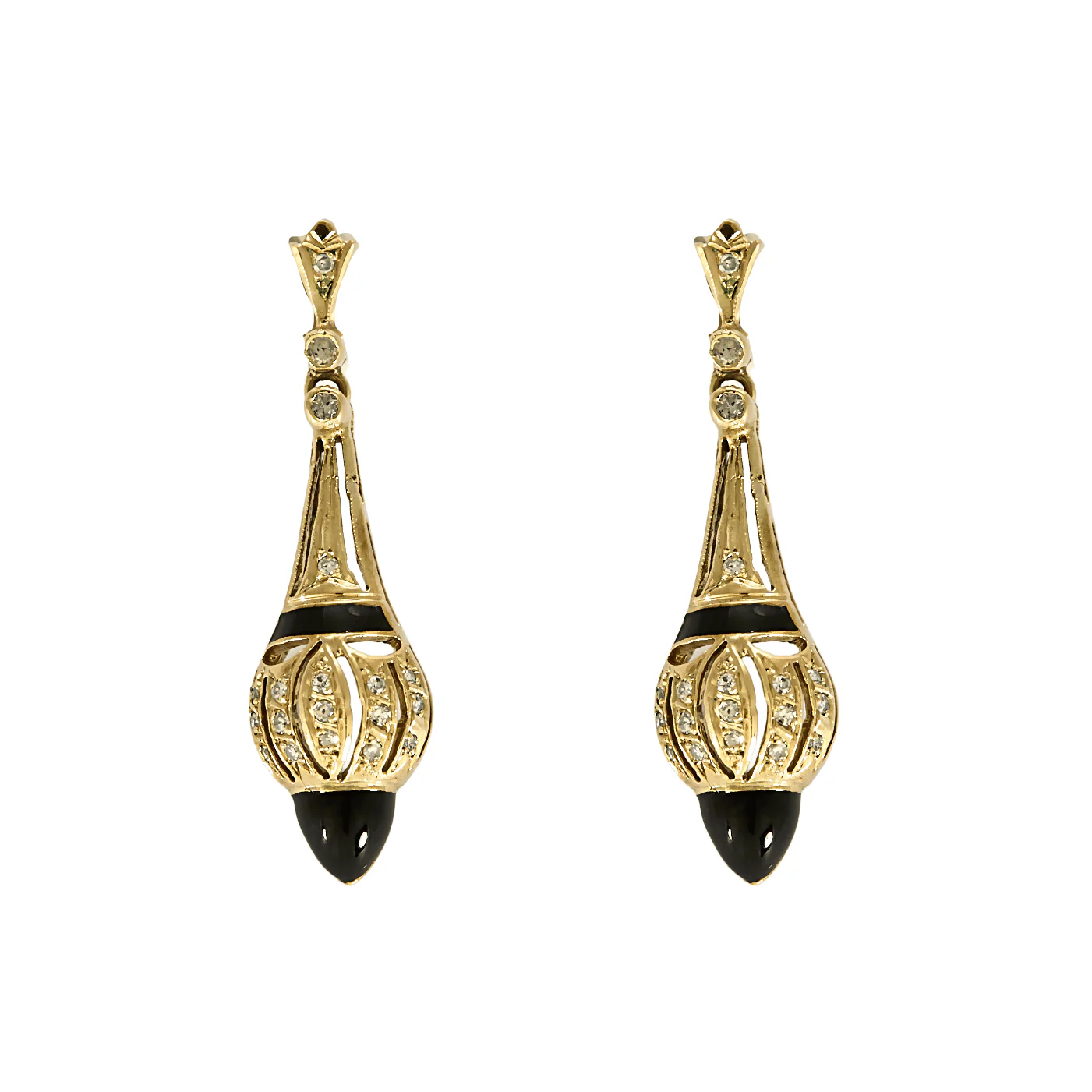 Dangling earrings in yellow gold, enamel and diamonds 