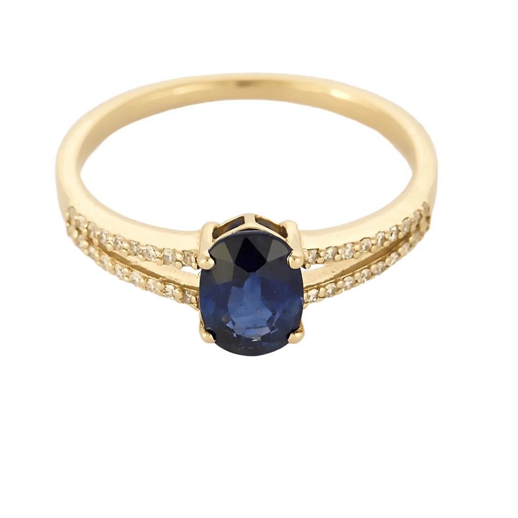 Ring Solitaire in yellow gold, sapphire and diamonds