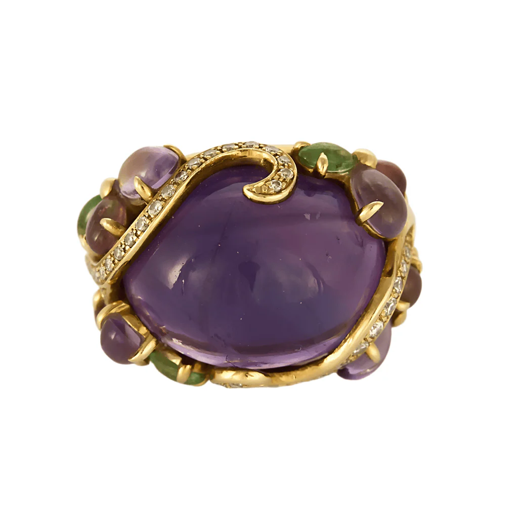Important ring in yellow gold, diamonds, amethysts, tourmalines, and peridots