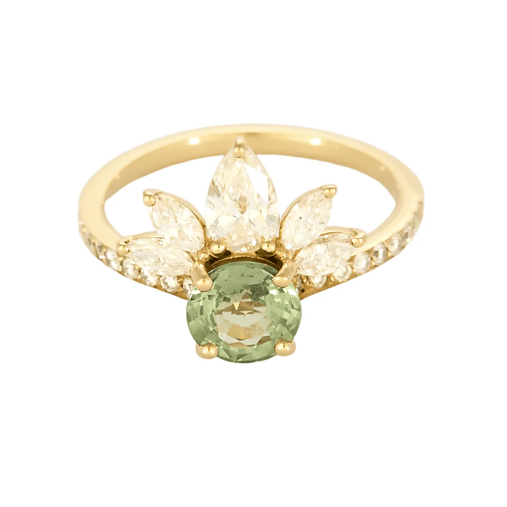 Gemmyo - EverBloom Pavé - Diamond and green sapphire gold ring.