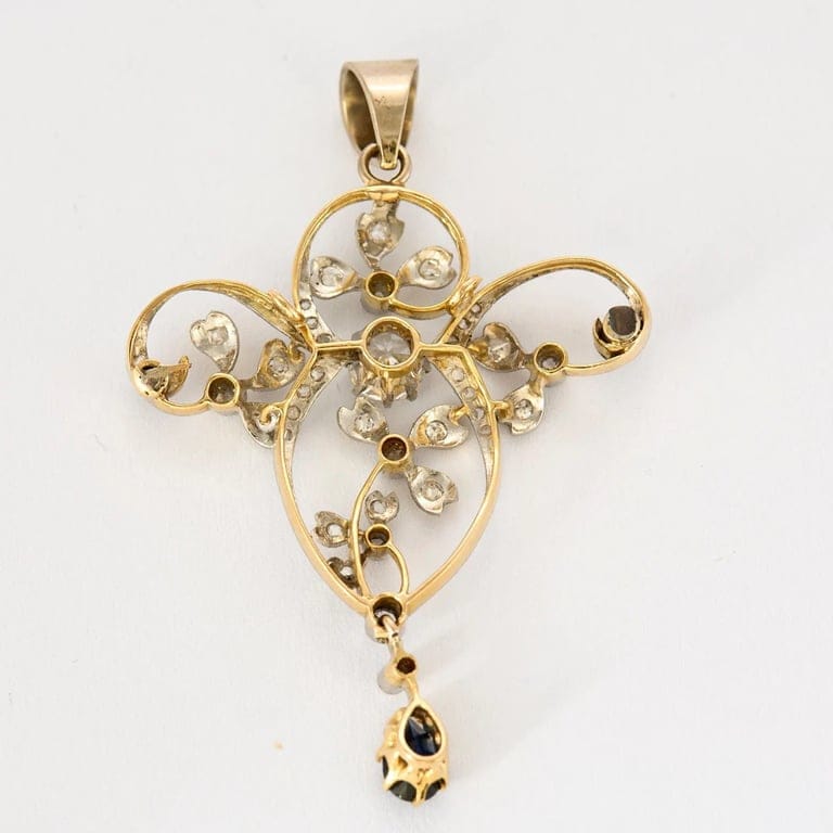 Two-tone gold, sapphire and diamond pendant, Napoleonic work - Image 3