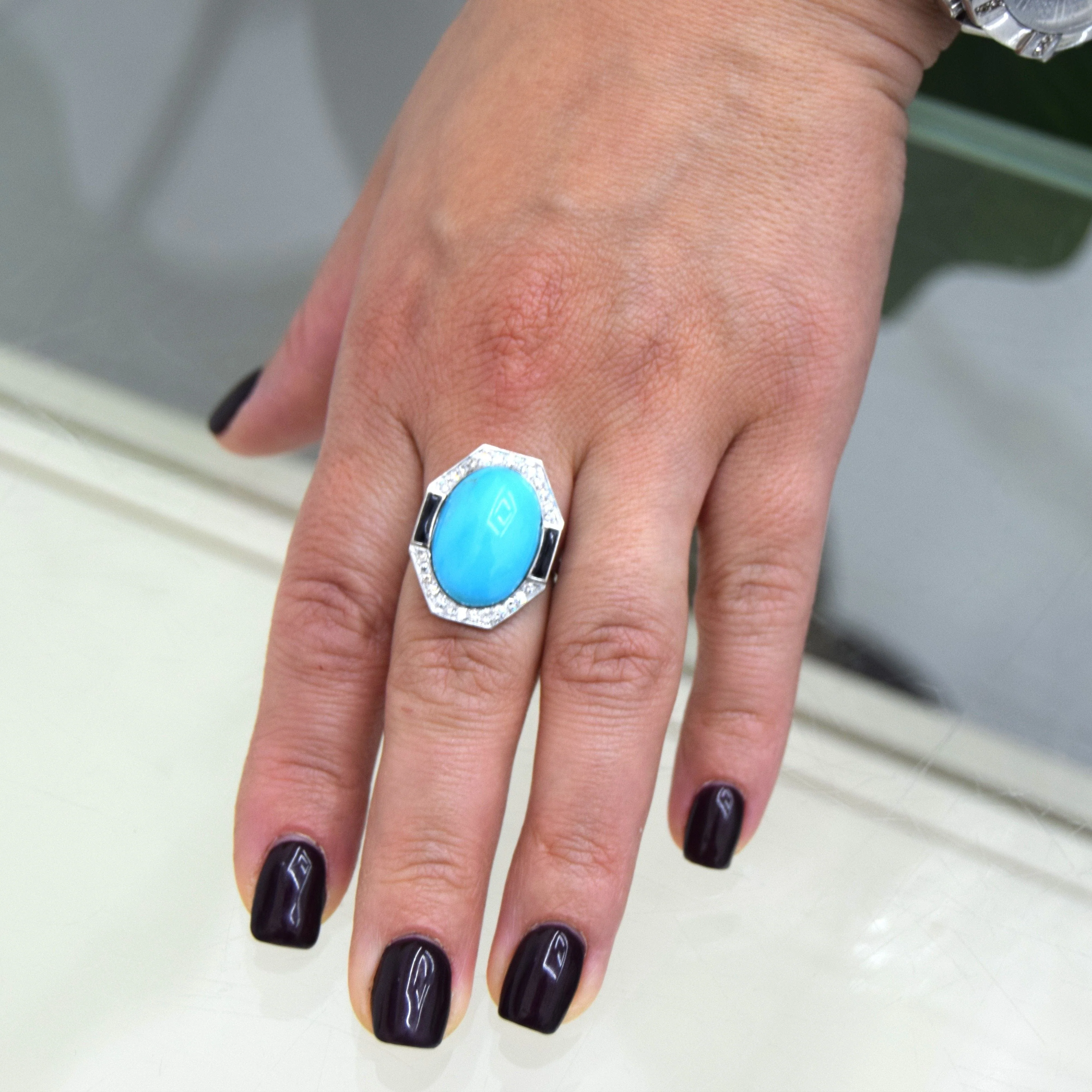 Ring in white gold with Turchese and Onice - Image 8