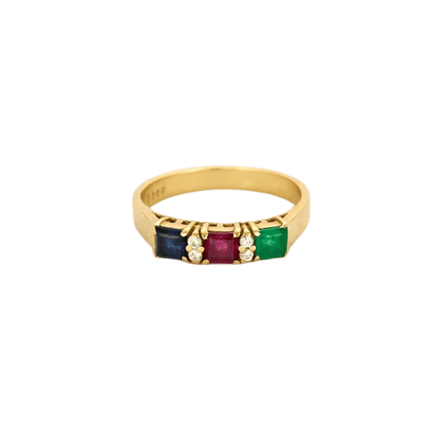 Yellow gold cocktail alliance, sapphire, ruby, emerald, diamonds