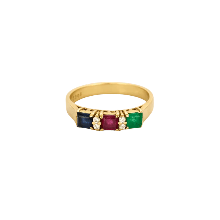 Yellow gold cocktail alliance, sapphire, ruby, emerald, diamonds - Image 3