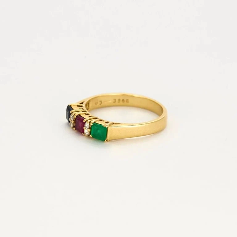 Yellow gold cocktail alliance, sapphire, ruby, emerald, diamonds - Image 4