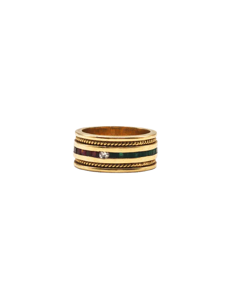 18k gold ring with rubies, emeralds, sapphires, and 0.21 ct diamonds 