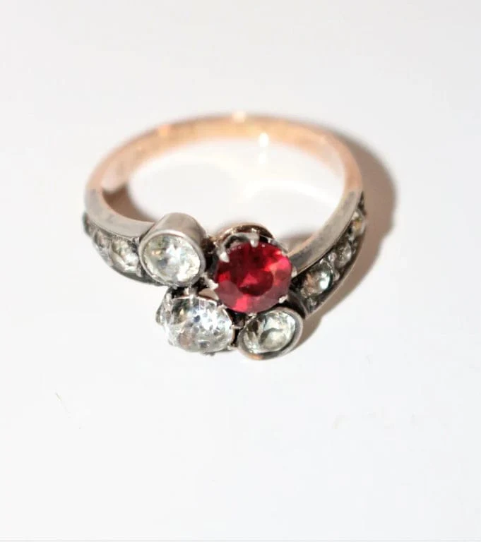 Old yellow gold ring, silver - Image 3