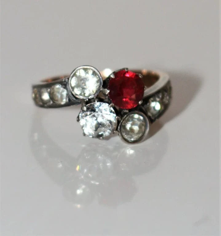 Old yellow gold ring, silver - Image 4