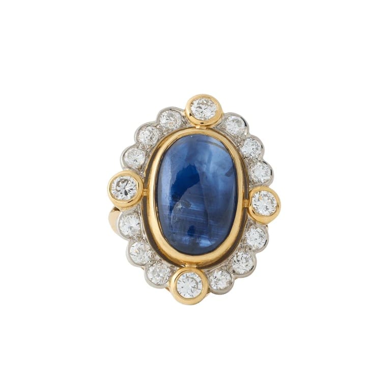 Pompadour Sapphire Cabochon and Diamond Ring