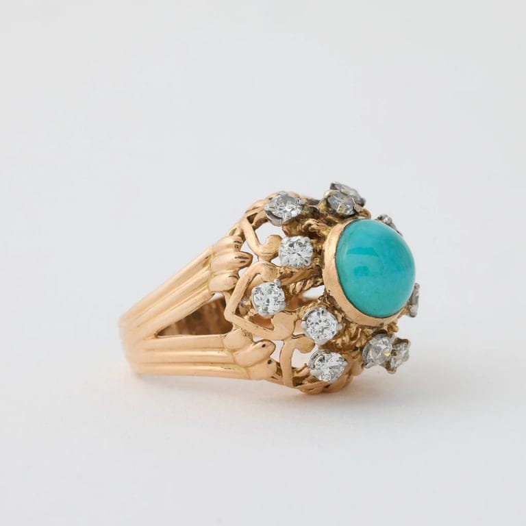 Retro Dome Ring Yellow Gold Turquoise Diamonds - Image 3