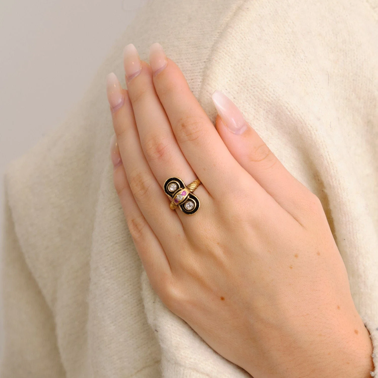 Gold Enamel Diamond Ring - Image 7