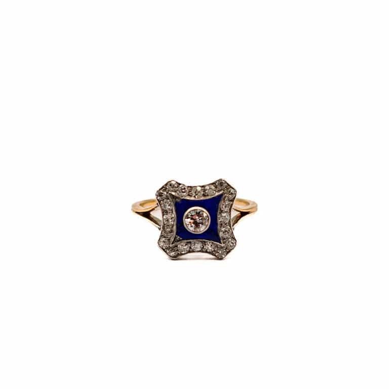 Ring Art Deco in yellow gold, platinum, diamond and enamel 