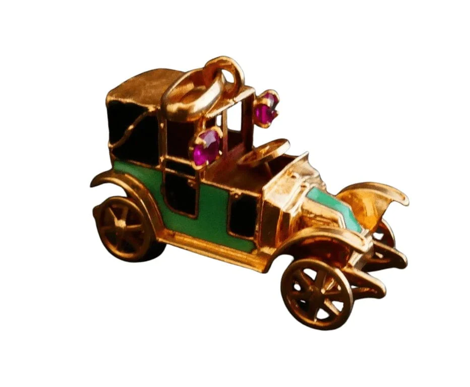 Enameled Car Charm Pendant, Gold