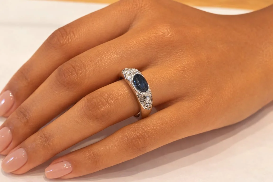 White Gold Dome Ring Sapphire Diamonds  - Image 5