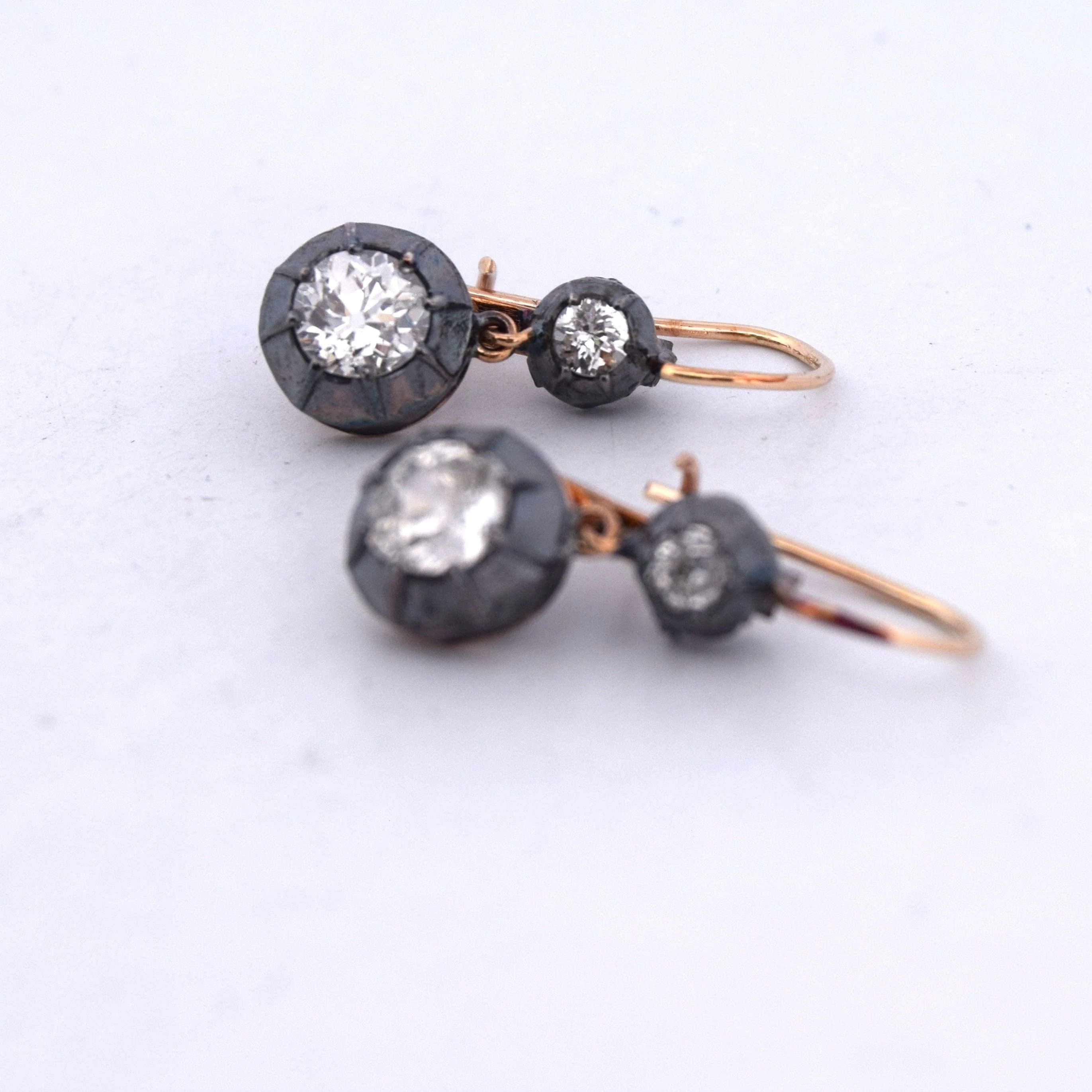 Antique 12 kt rose gold earrings and silver with diamonds  - Image 3