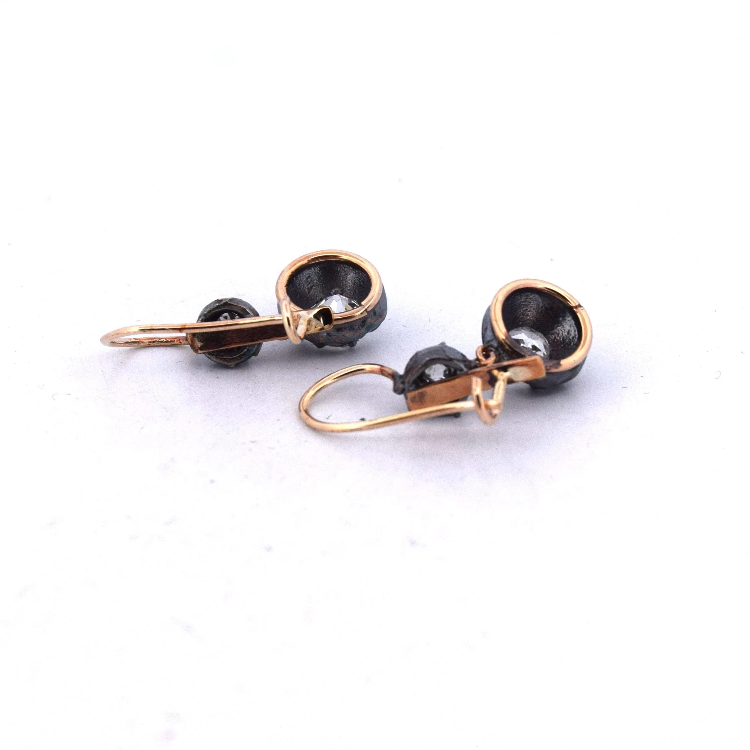 Antique 12 kt rose gold earrings and silver with diamonds  - Image 4