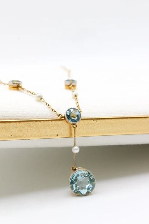 Antique yellow gold necklace and platinum, aquamarines and pearls  - Image 10