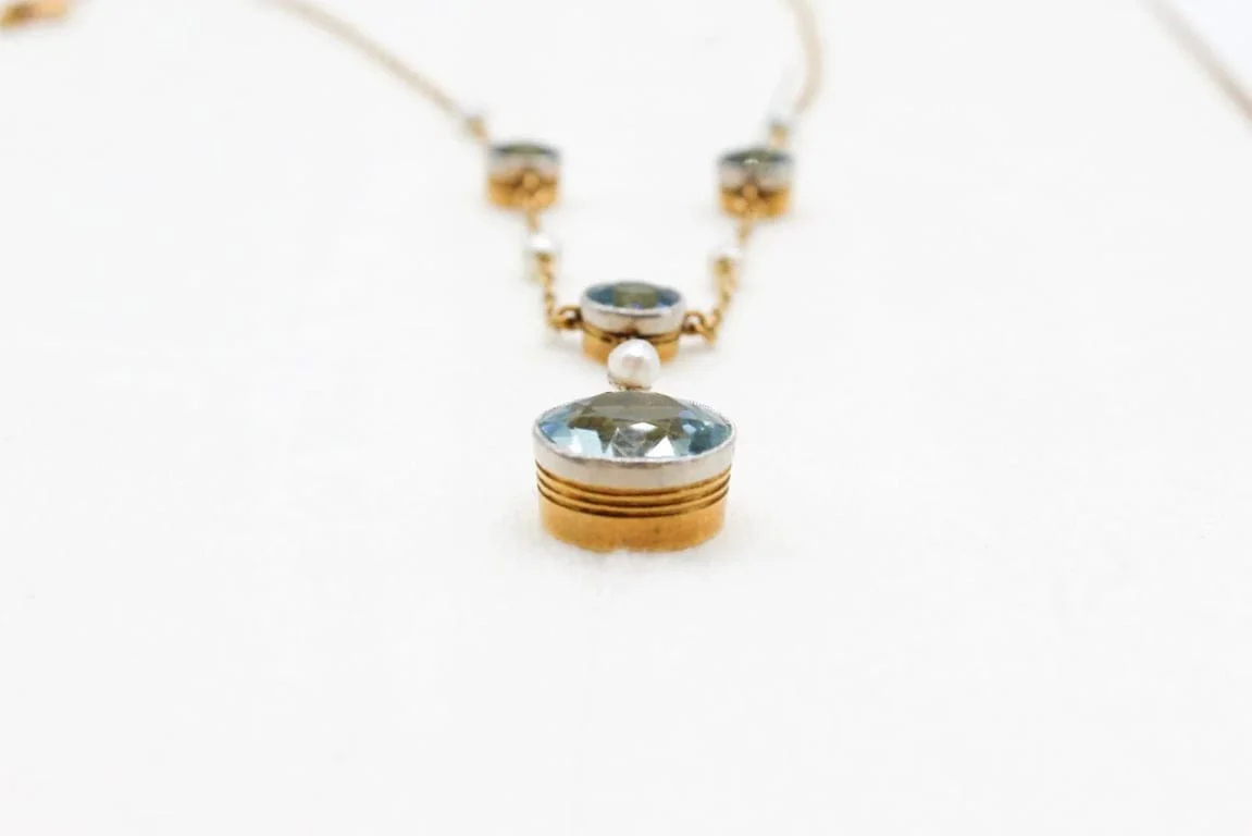 Antique yellow gold necklace and platinum, aquamarines and pearls  - Image 12