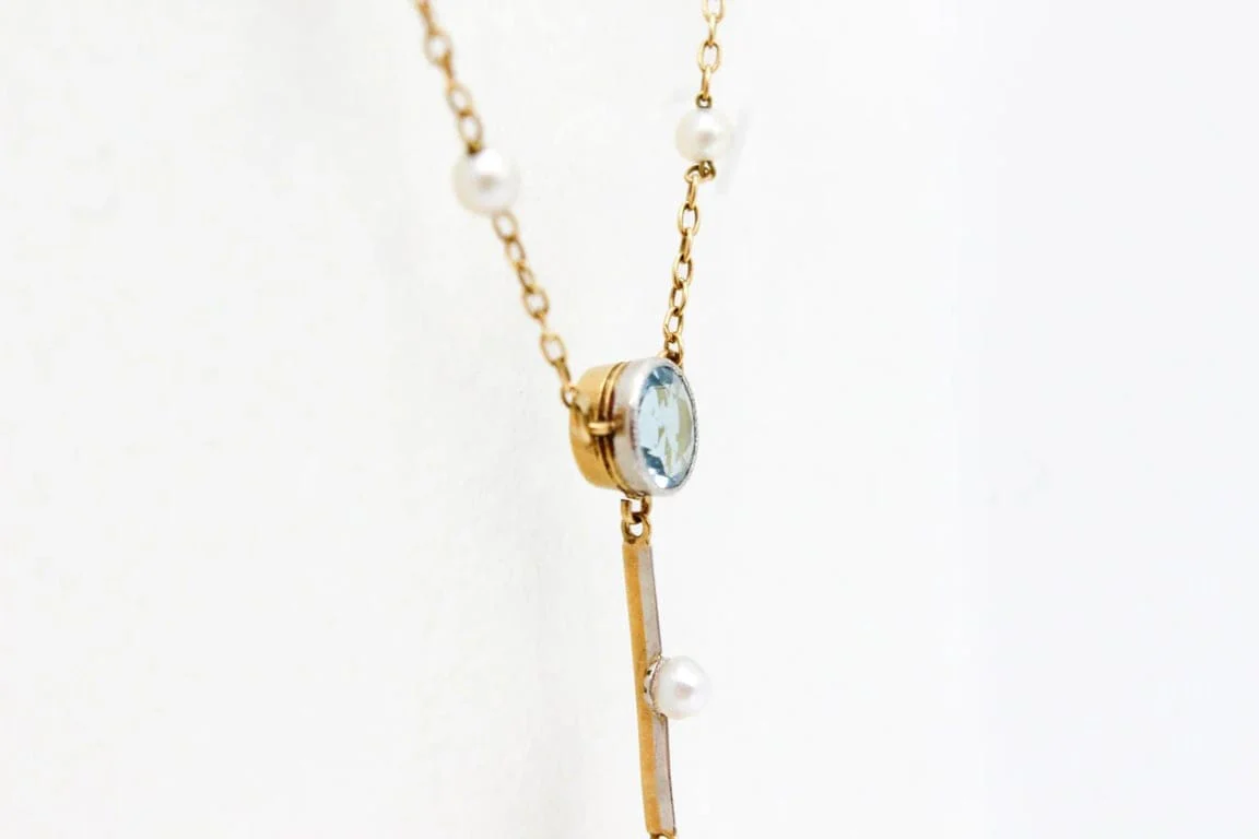Antique yellow gold necklace and platinum, aquamarines and pearls  - Image 13