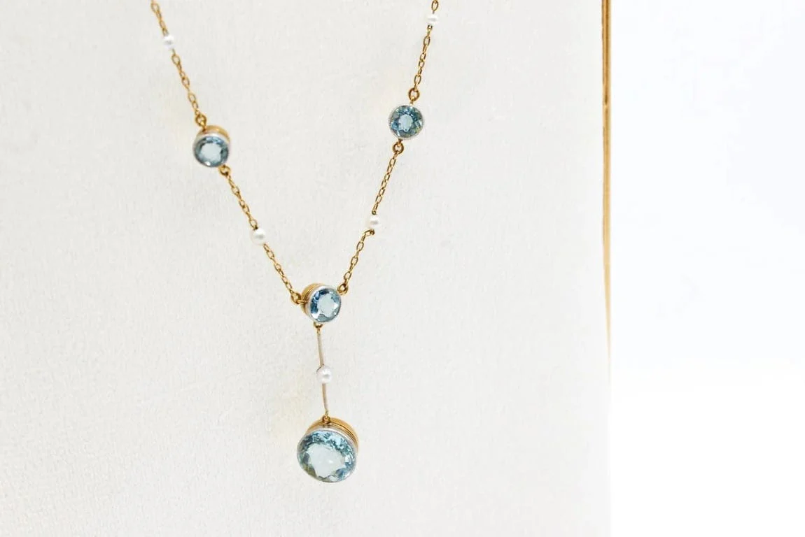 Antique yellow gold necklace and platinum, aquamarines and pearls  - Image 14