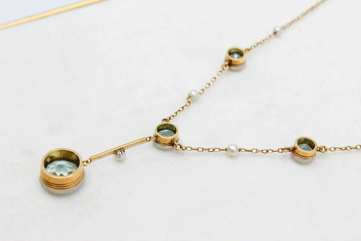 Antique yellow gold necklace and platinum, aquamarines and pearls  - Image 15