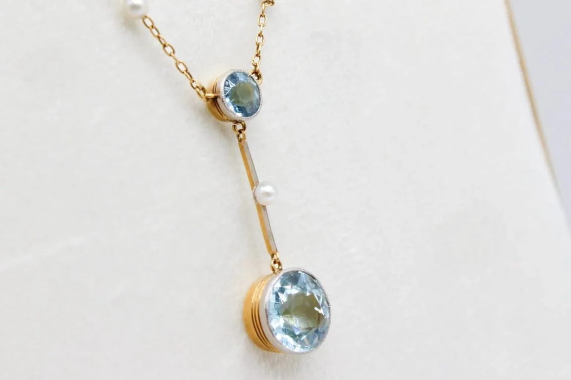 Antique yellow gold necklace and platinum, aquamarines and pearls  - Image 16