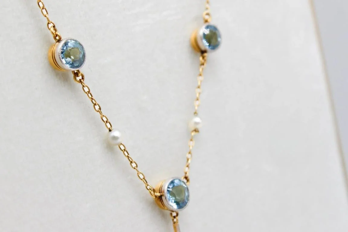 Antique yellow gold necklace and platinum, aquamarines and pearls  - Image 17
