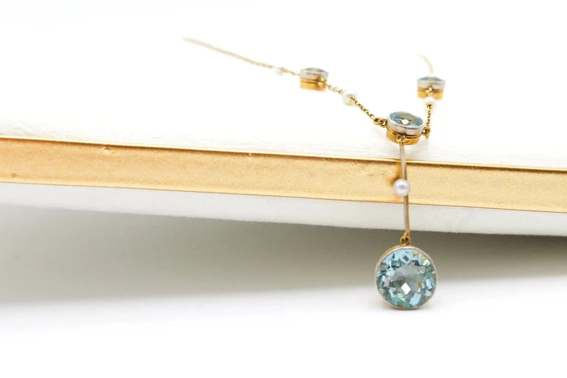 Antique yellow gold necklace and platinum, aquamarines and pearls  - Image 2