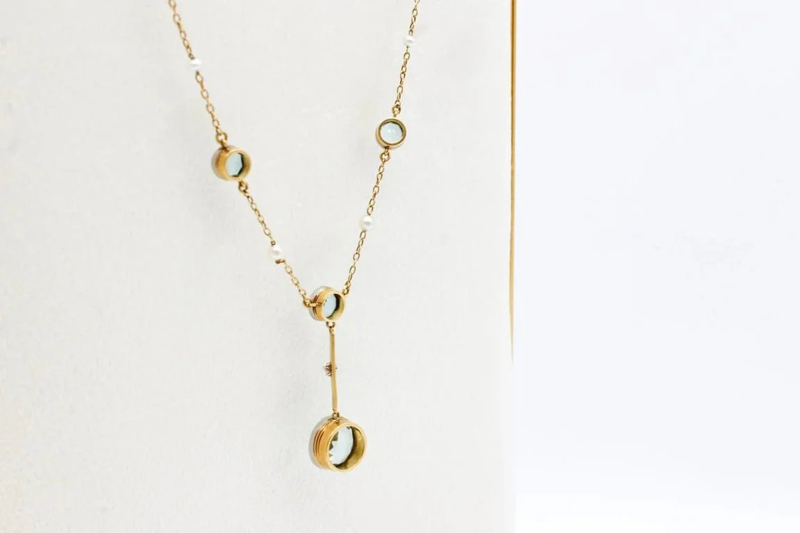 Antique yellow gold necklace and platinum, aquamarines and pearls  - Image 5