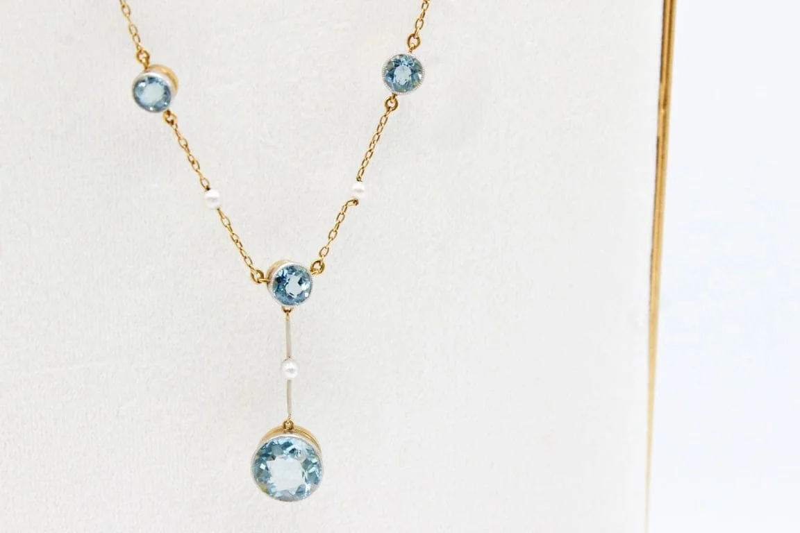 Antique yellow gold necklace and platinum, aquamarines and pearls  - Image 8