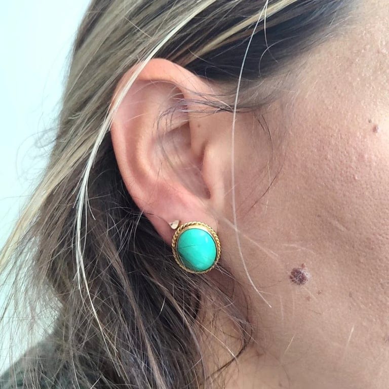 Boucles d’oreilles vintage - Turquoise cabochon en or jaune 18 ct - Image 2