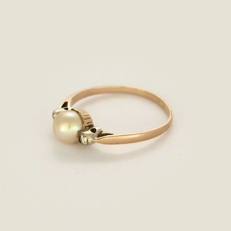 Art Nouveau ring in rose gold, silver, pearl and diamond  - Image 3
