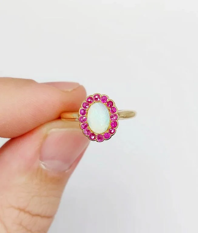 Ring Daisy antique gold opal and ruby cabochon - Image 10