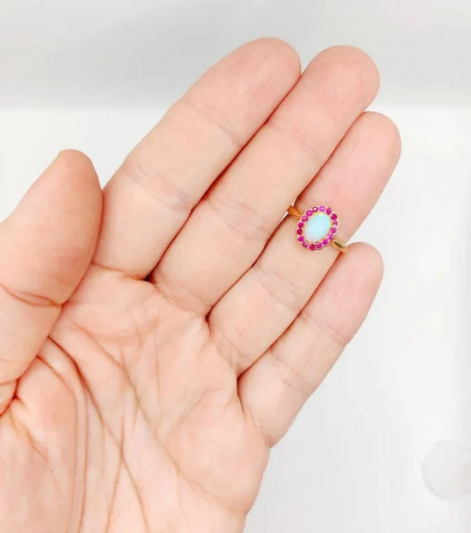 Ring Daisy antique gold opal and ruby cabochon - Image 11