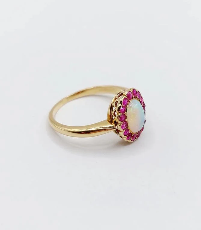 Ring Daisy antique gold opal and ruby cabochon - Image 5