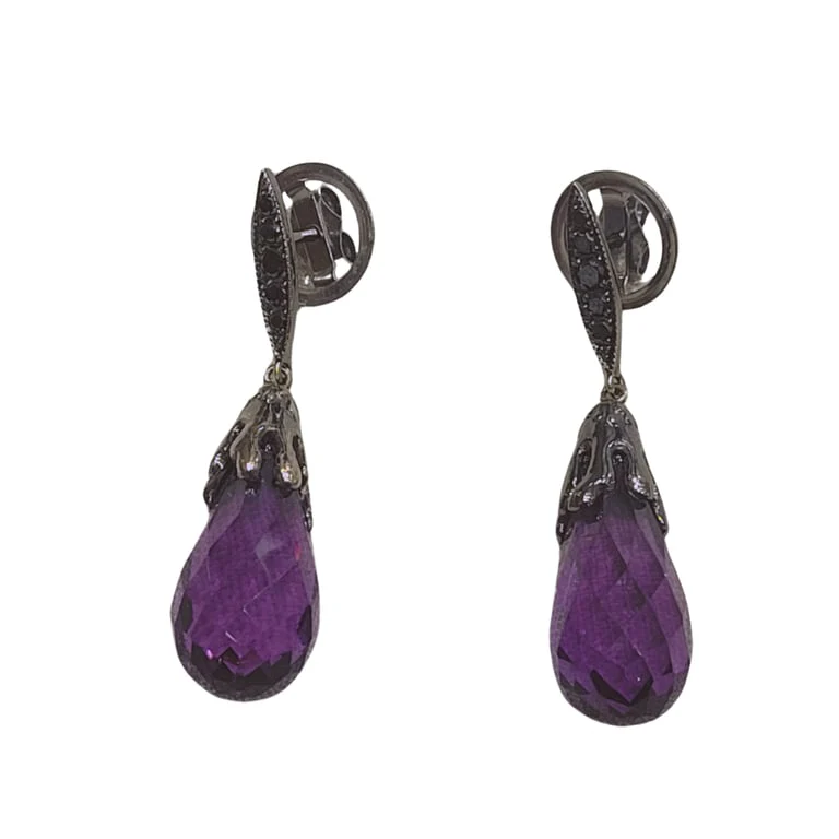 Amethyst and black diamond earrings in 18k gold with ruthenium 
