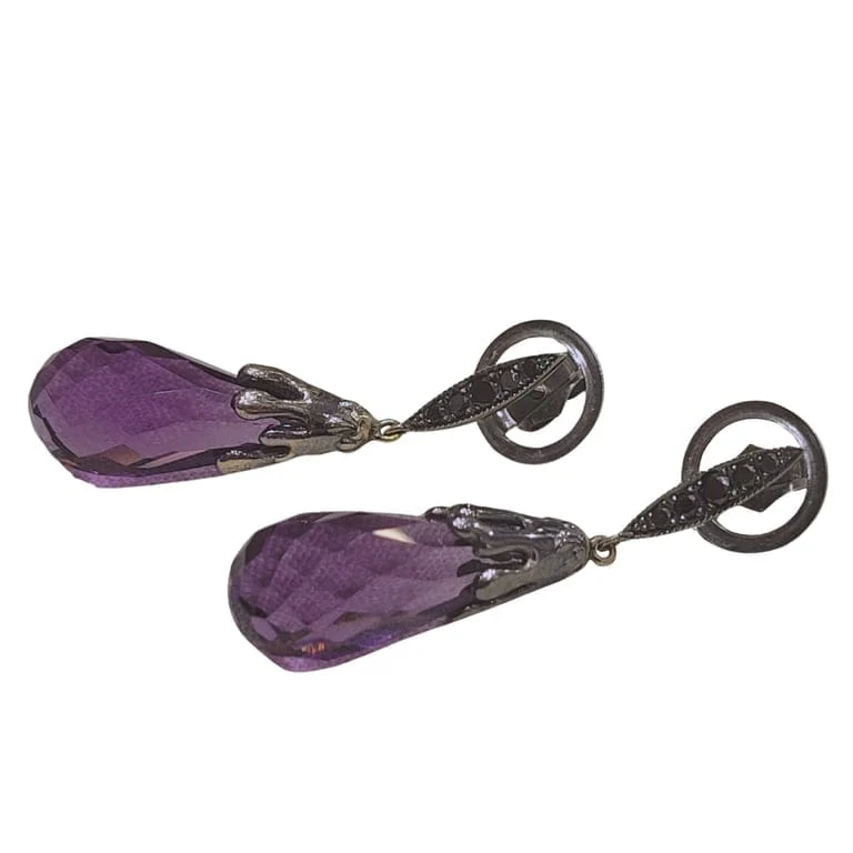 Amethyst and black diamond earrings in 18k gold with ruthenium  - Image 3