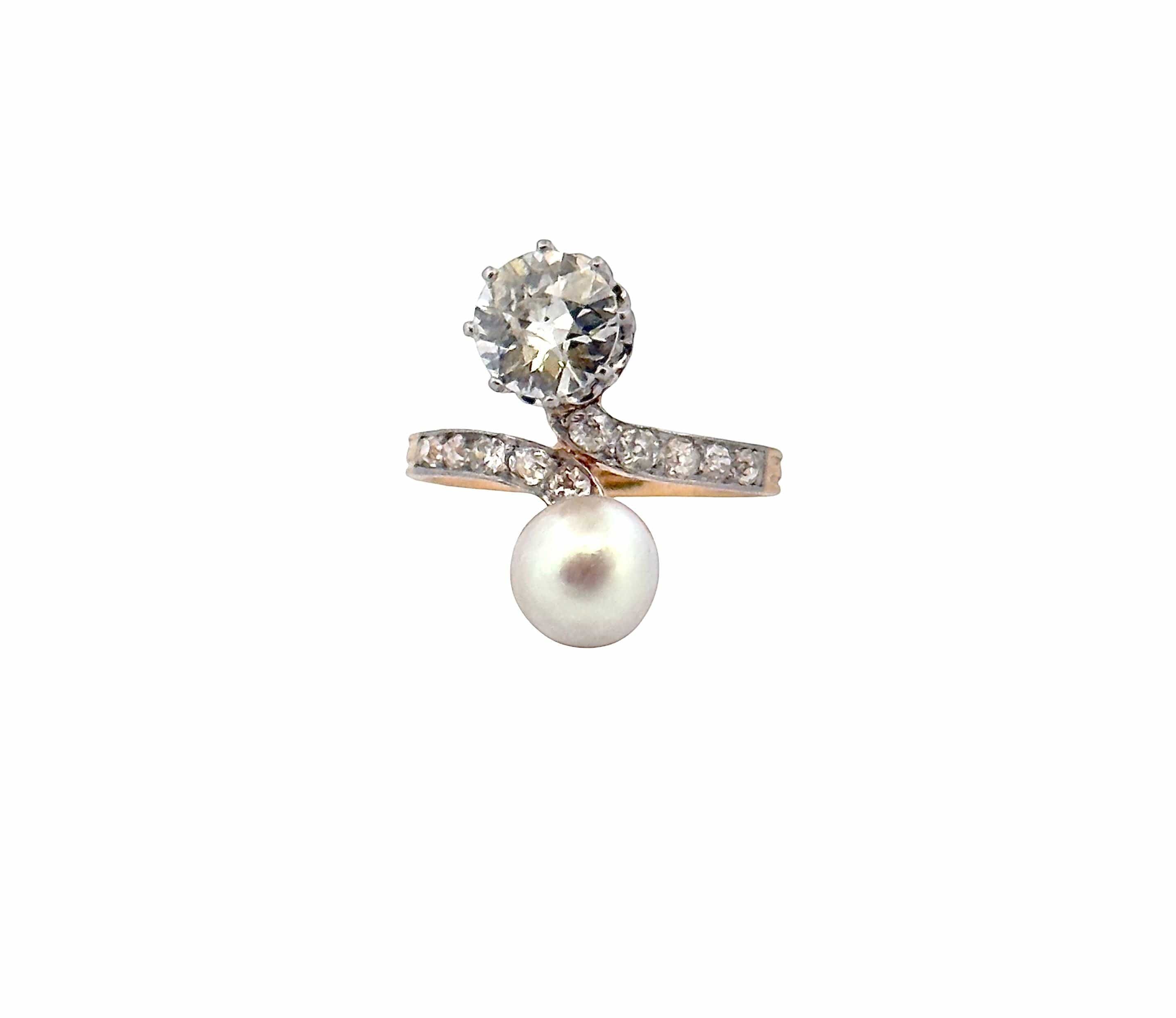 Antique gold ring and platinum, diamonds and pearl - Image 3