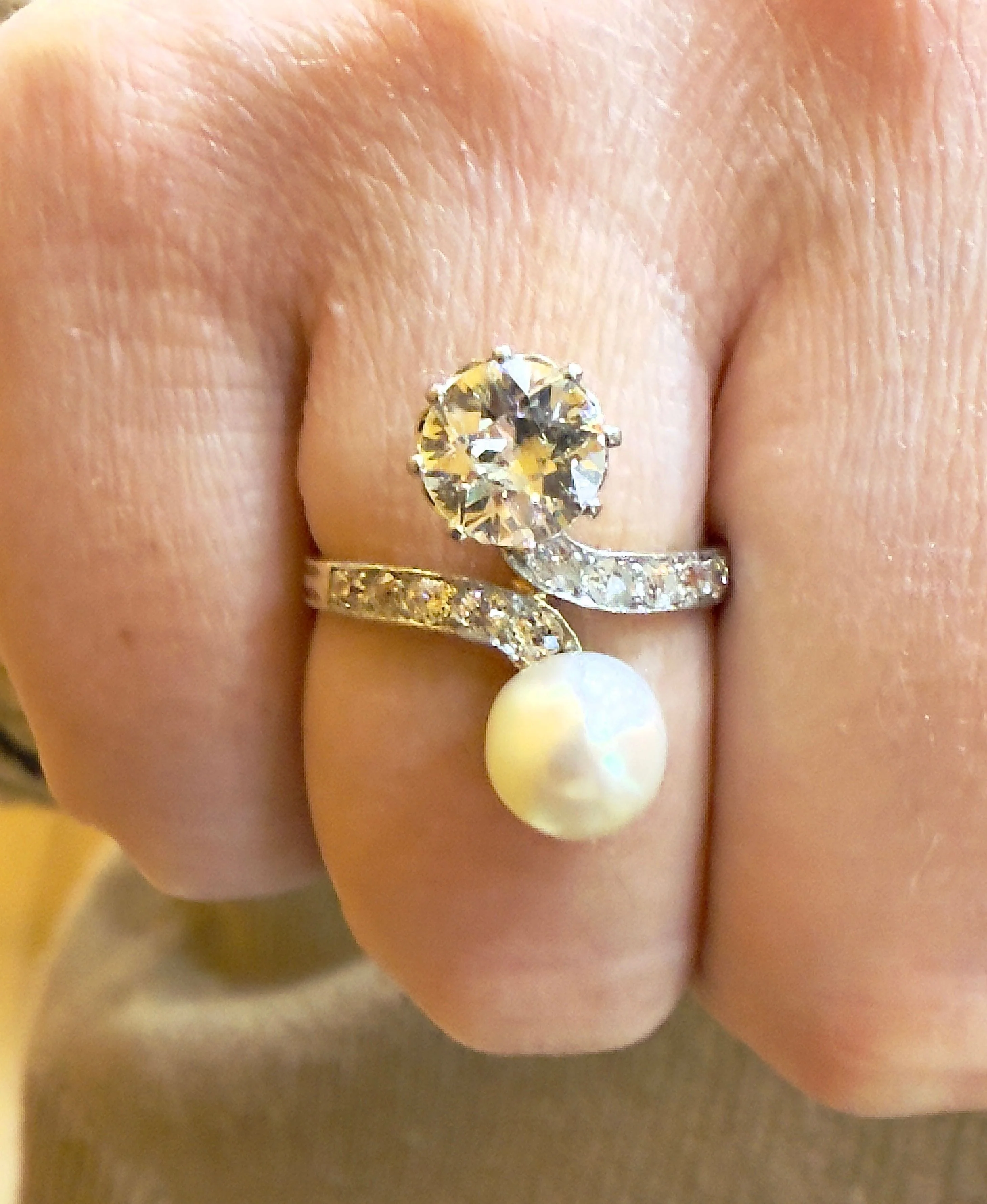 Antique gold ring and platinum, diamonds and pearl - Image 4