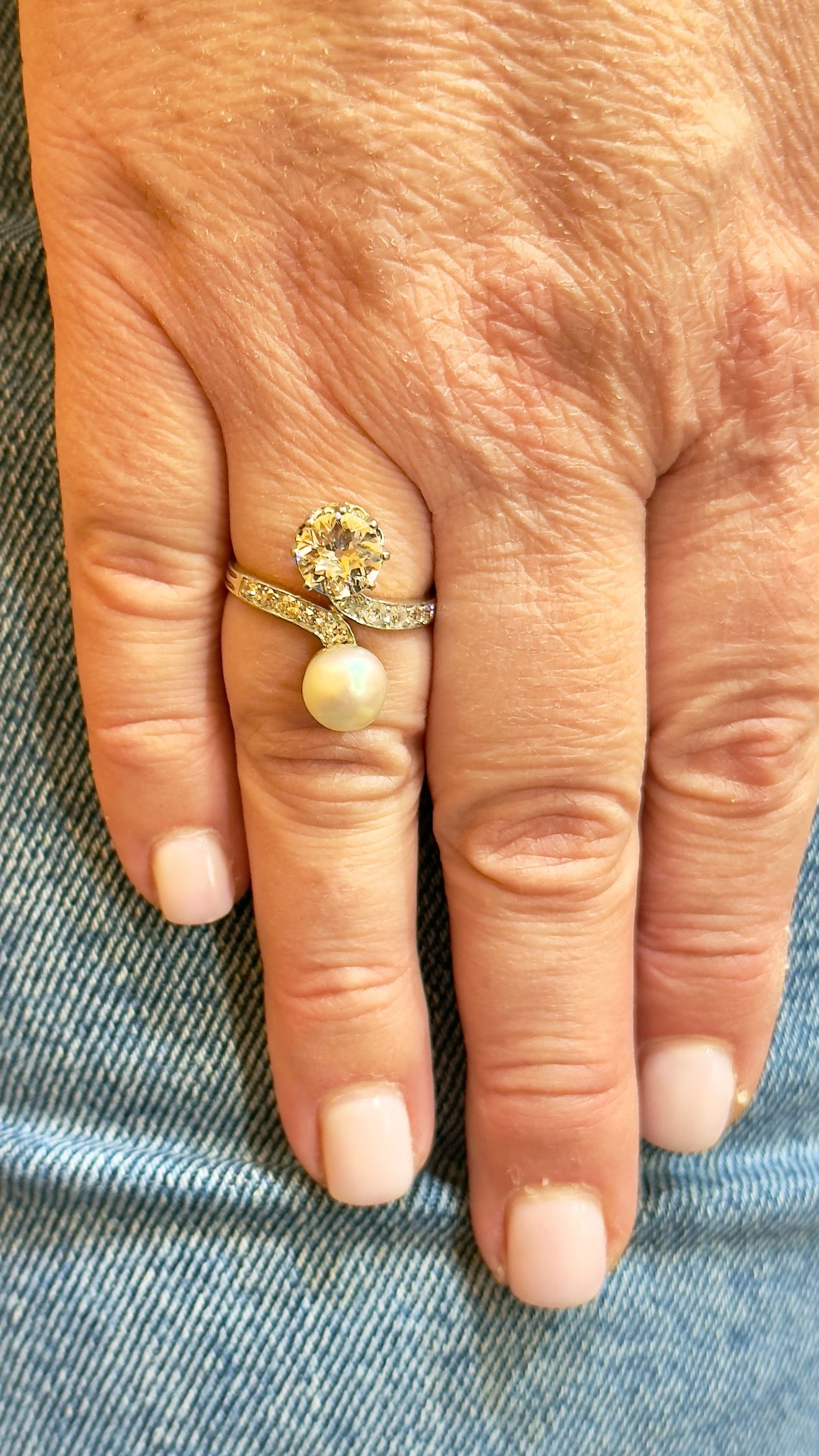 Antique gold ring and platinum, diamonds and pearl - Image 5