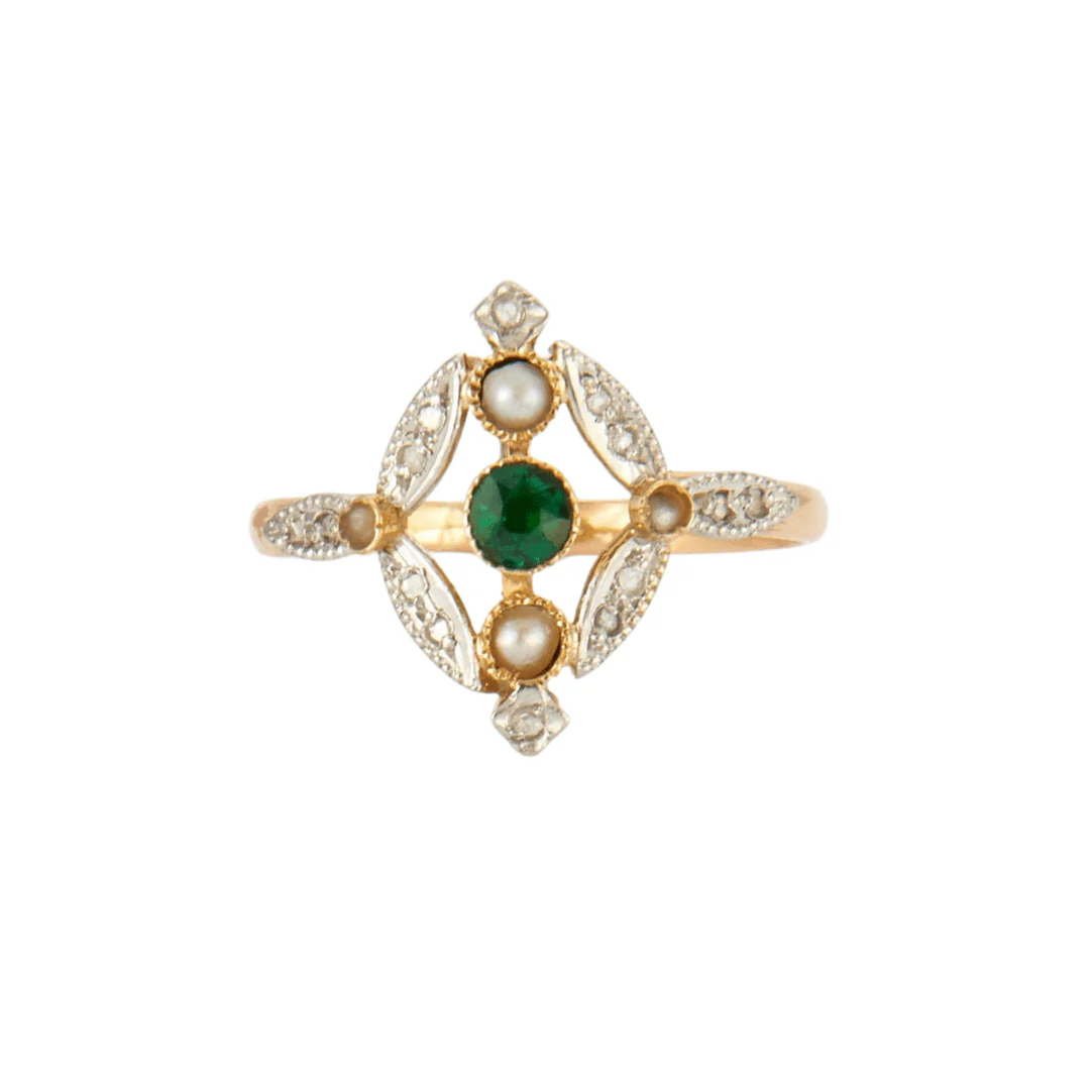 Diamond, pearl, green stone ring