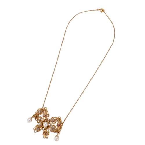 Bow necklace in yellow gold, pearls & diamonds