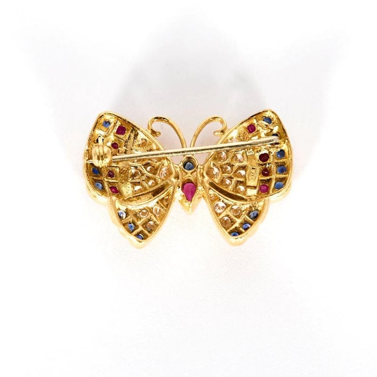 Yellow gold butterfly brooch, sapphires, rubies - Image 4