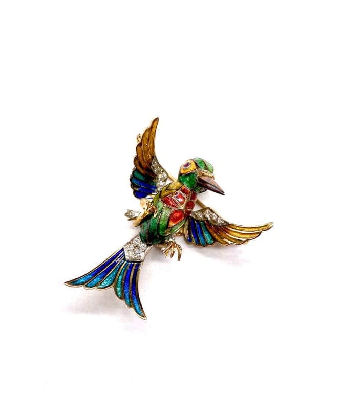 18K yellow gold bird brooch and platinum, diamonds, rubies, enamel 