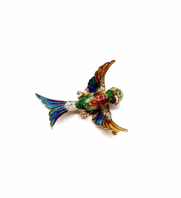18K yellow gold bird brooch and platinum, diamonds, rubies, enamel  - Image 2