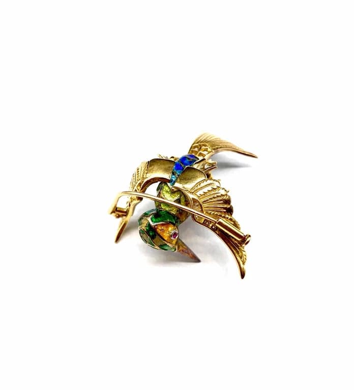 18K yellow gold bird brooch and platinum, diamonds, rubies, enamel  - Image 3